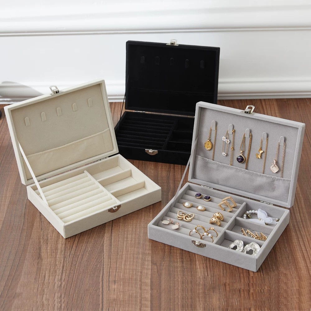 Black Velvet Compartment Jewelry Organizer with Flip-Top Lid